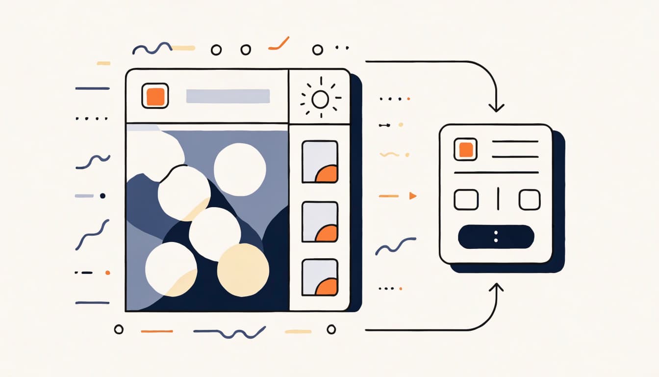 A flat 2D editorial illustration of a webpage panel connected to a search result card.