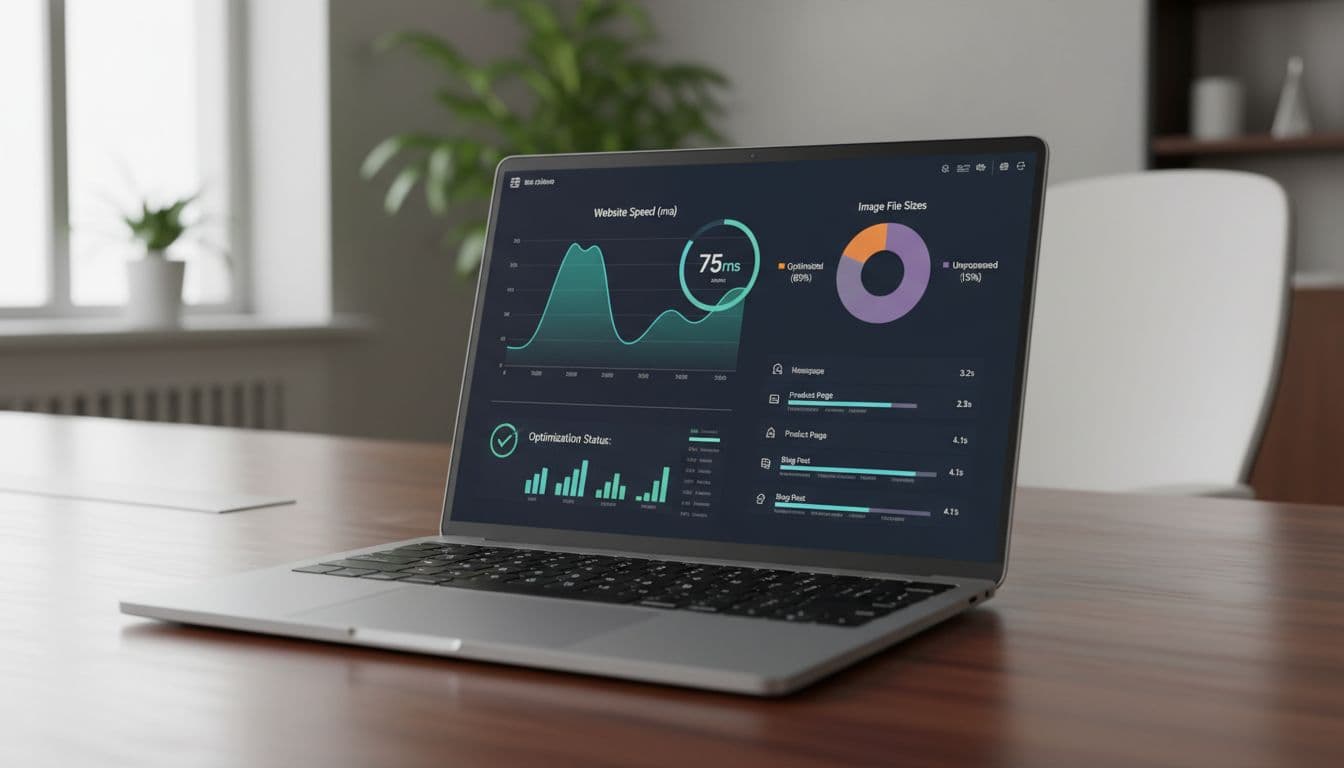 A laptop screen displays a modern digital dashboard featuring performance charts and image optimization metrics.