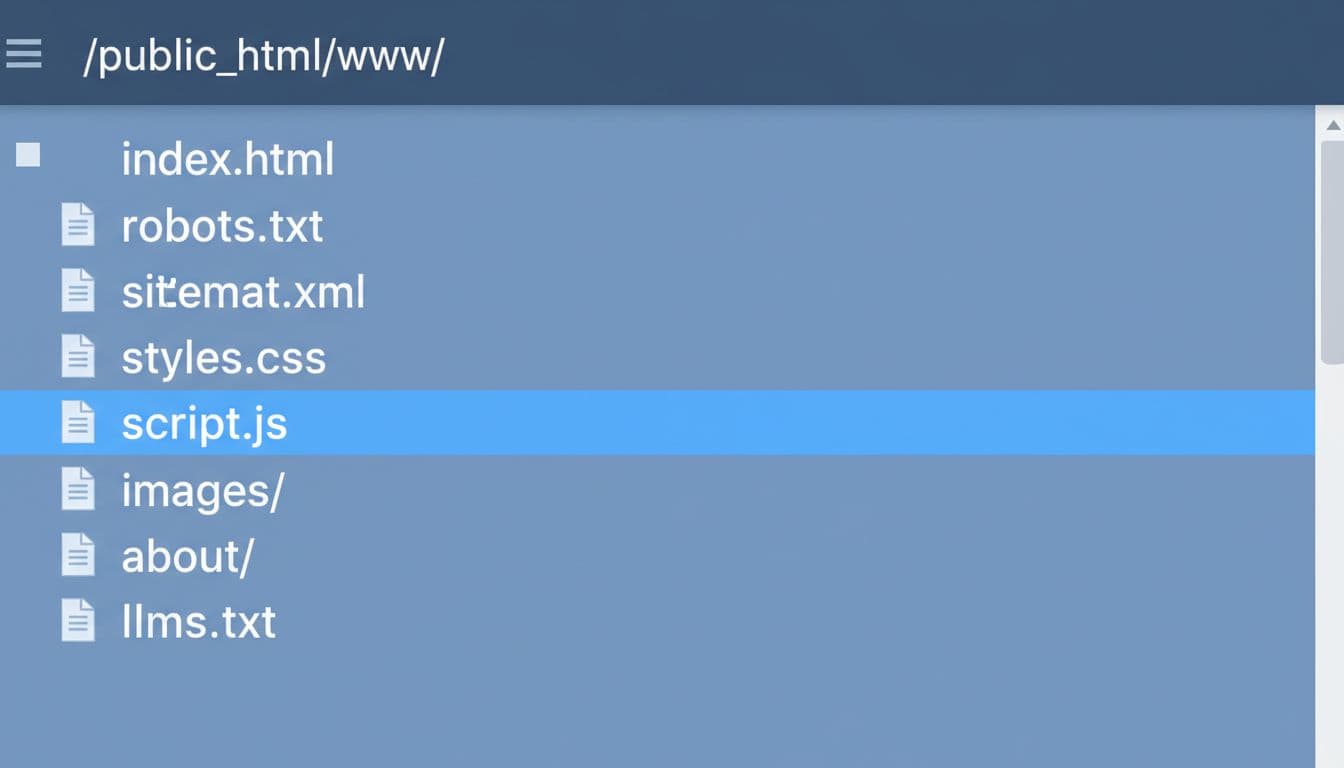 Simple web server file manager view of a site's root directory listing files like index.html, robots.txt, sitemap.xml, and highlighted llms.txt. Clean interface in professional blue tones with focused composition on the files list.