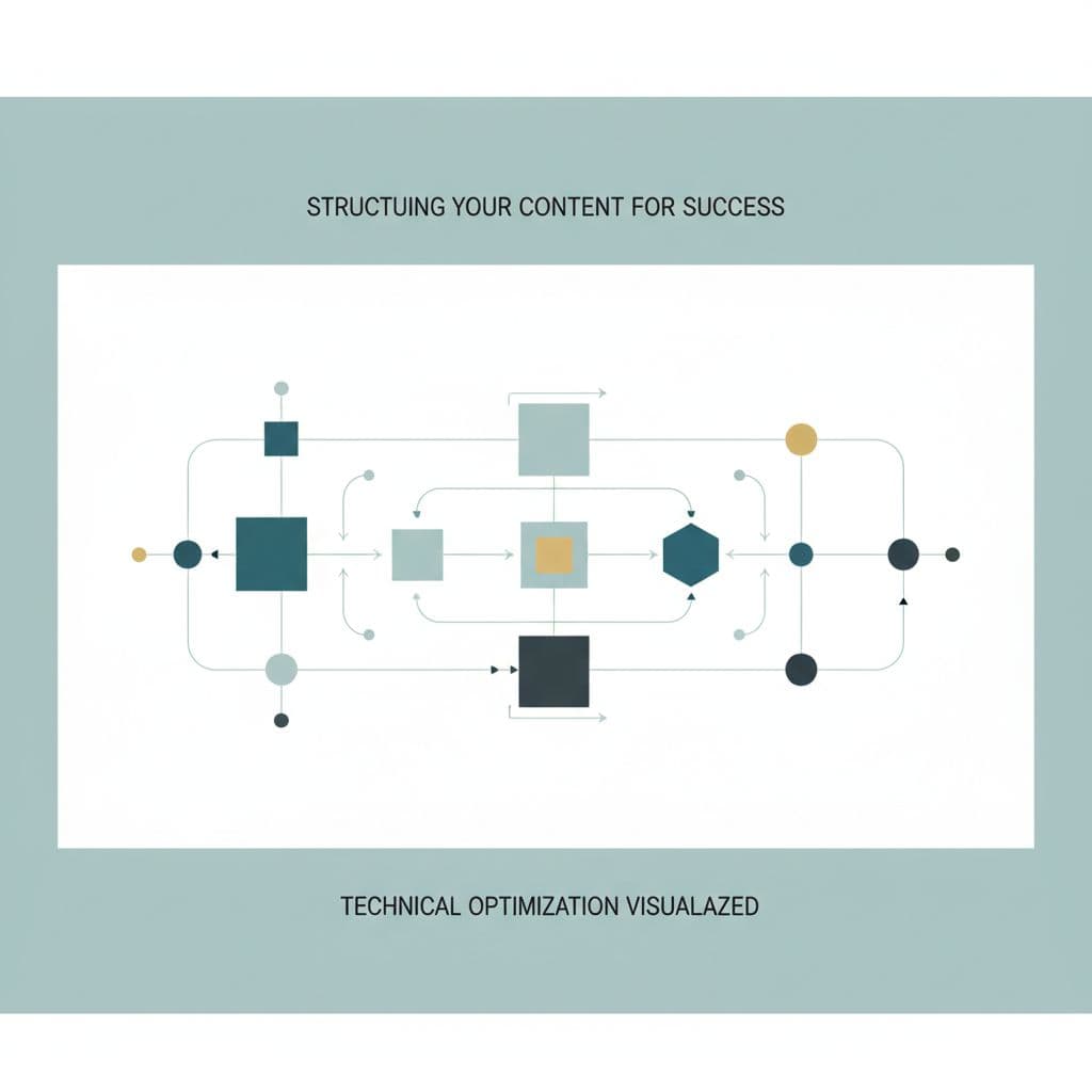 Minimalist flat design shows nodes connected by clean lines forming site map structure.