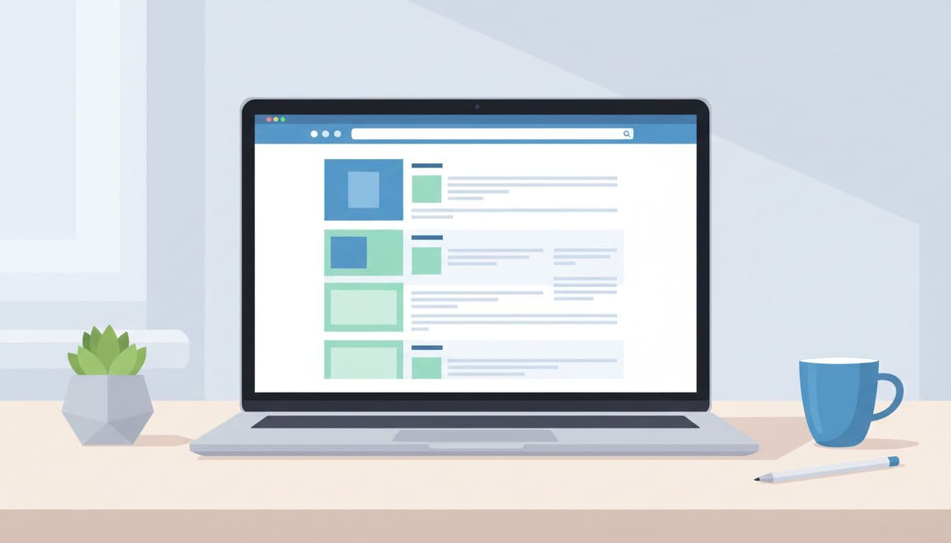 Modern flat illustration of a stable WordPress page layout on a laptop screen with reserved image spaces to prevent Cumulative Layout Shift (CLS), featuring a clean desk, soft lighting, and vibrant blues and greens.