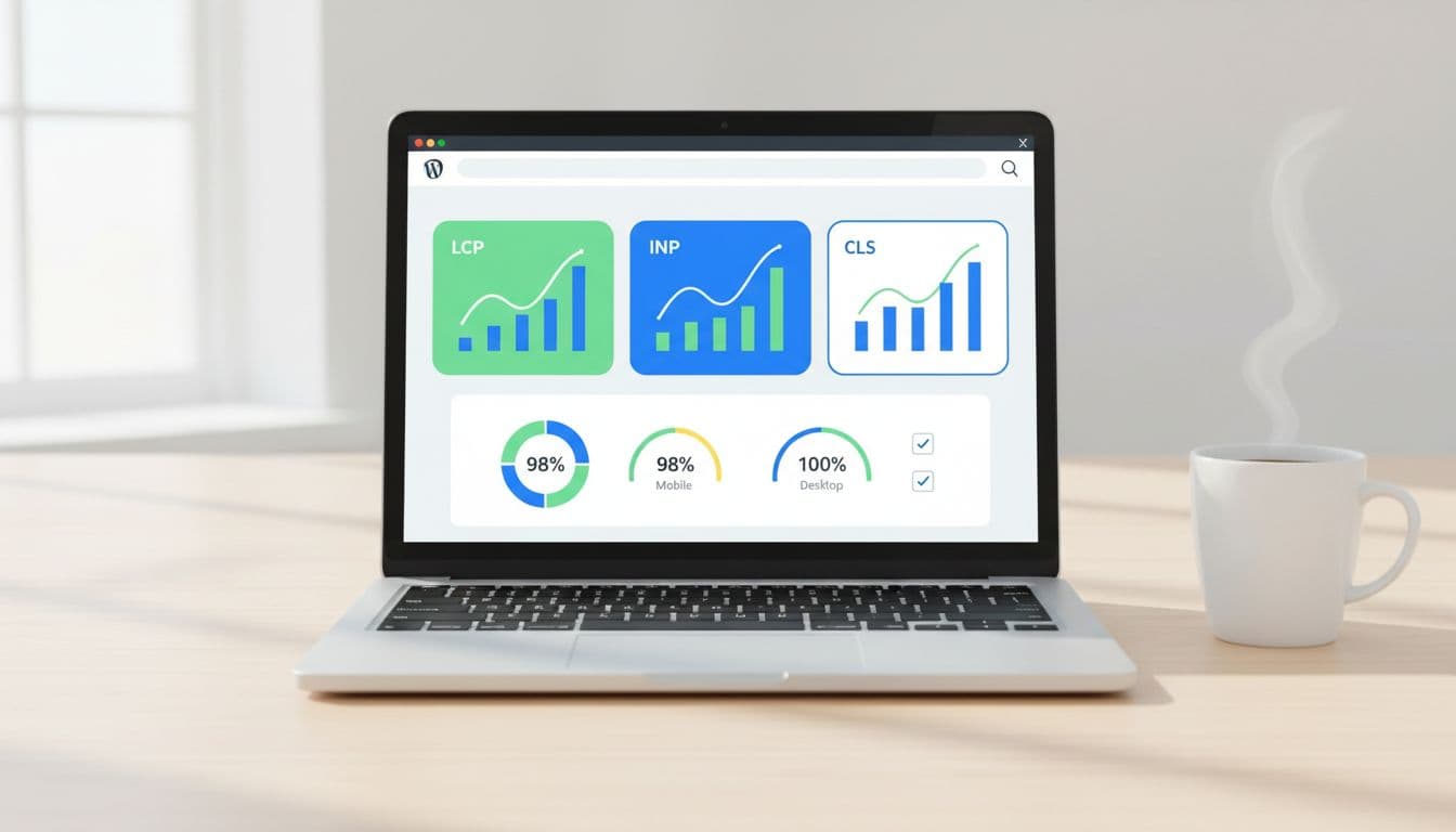 Modern flat illustration of a WordPress performance dashboard highlighting Core Web Vitals metrics like LCP, INP, and CLS on a laptop screen viewed from above. Clean office desk with coffee mug nearby, soft natural lighting, vibrant blues and greens.