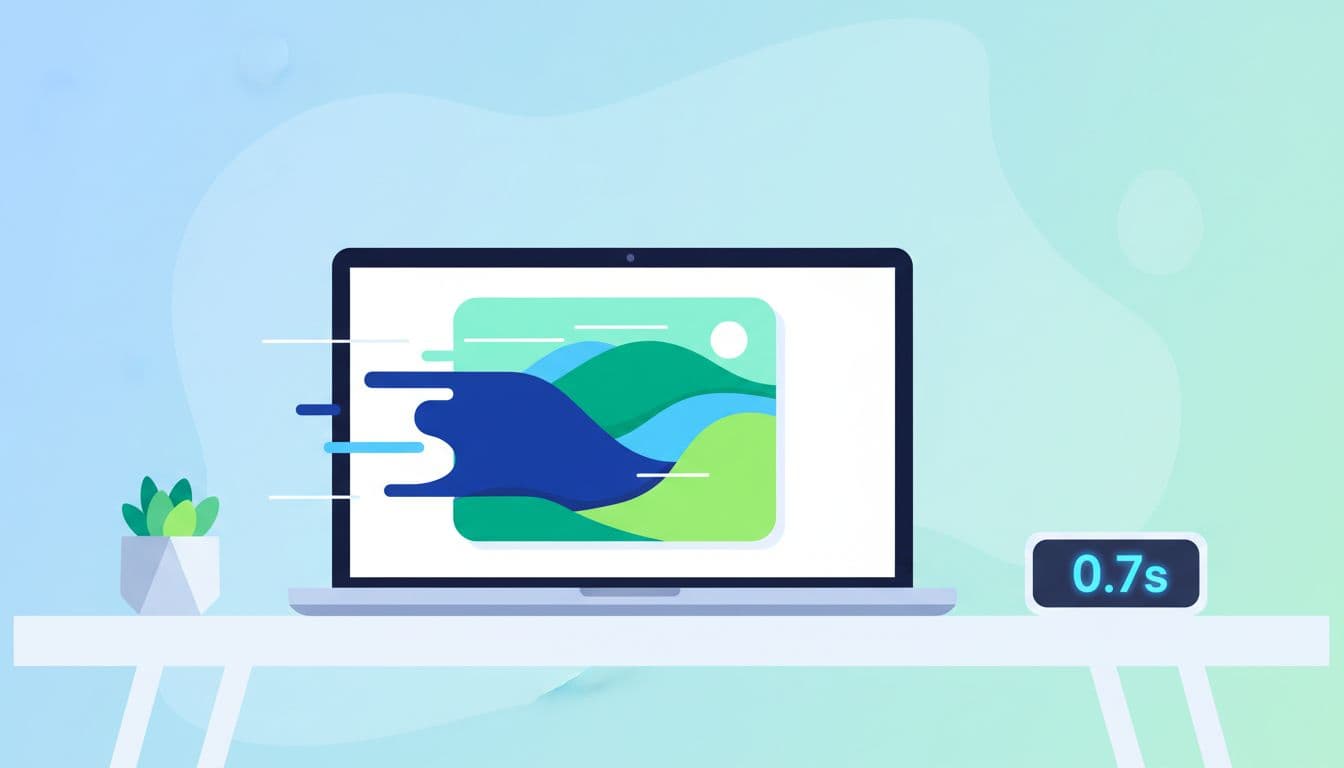 Modern flat illustration of Largest Contentful Paint optimization in WordPress, featuring a hero image loading fast on a laptop screen on a desk with a clock showing quick time, soft lighting, and vibrant blues and greens.