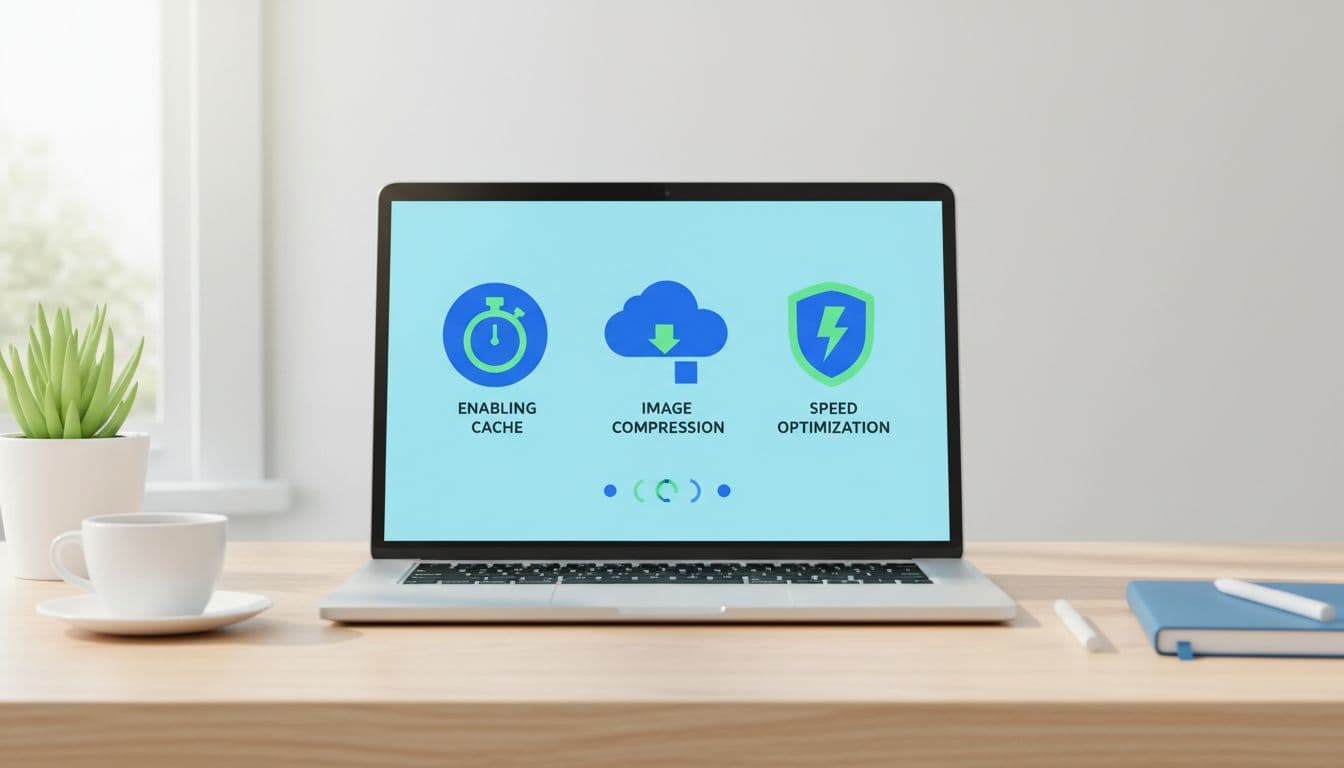 Modern flat illustration of quick WordPress optimization steps like cache enabling and image compression icons on a laptop screen, set on a clean workspace desk with soft lighting and vibrant blues and greens.
