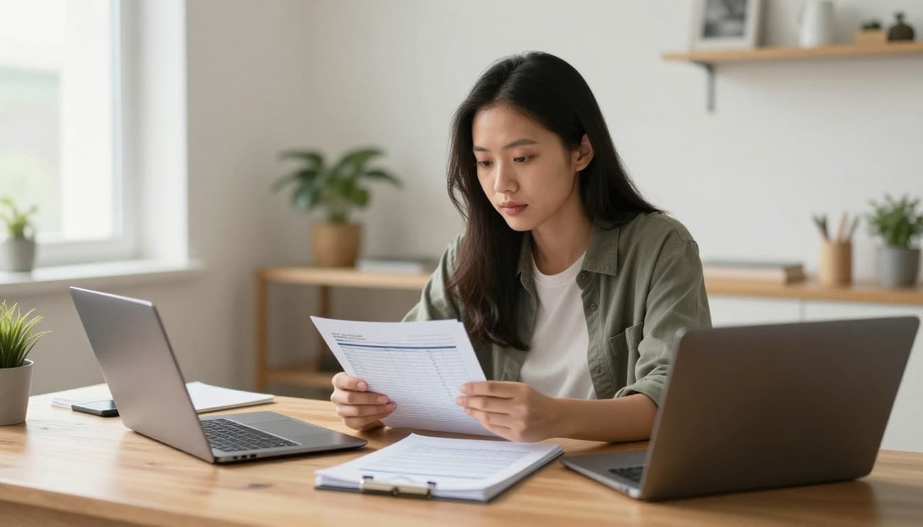 A young business owner sits at a wooden desk in a bright home office, intently reviewing budget notes in a notebook next to a laptop displaying a simple spreadsheet, with a coffee cup and phone nearby under natural daylight.