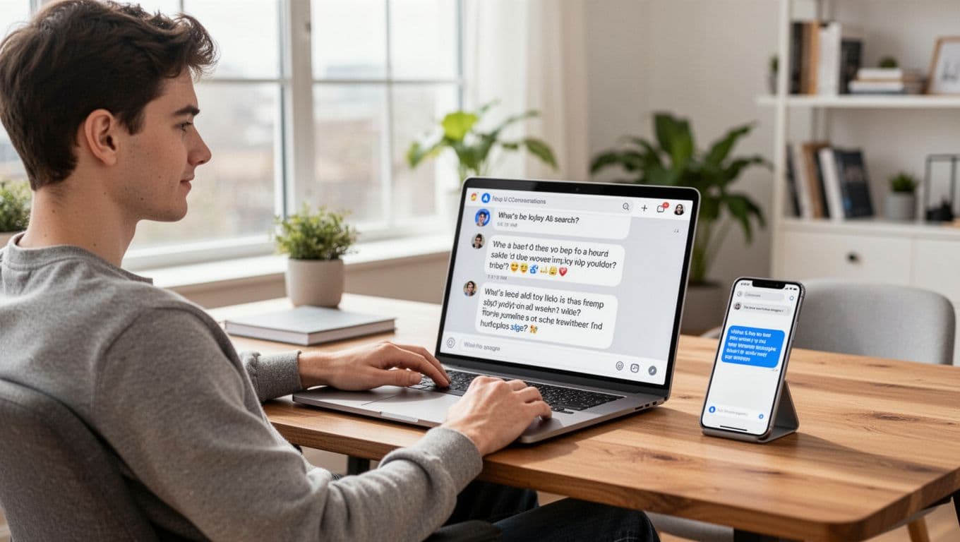 Exactly one young marketer seated relaxed at a wooden desk in a bright modern home office, laptop open to conversational AI search chat with multi-part question interface, smartphone displaying follow-up query suggestion, natural daylight from large window, photorealistic digital marketing style.