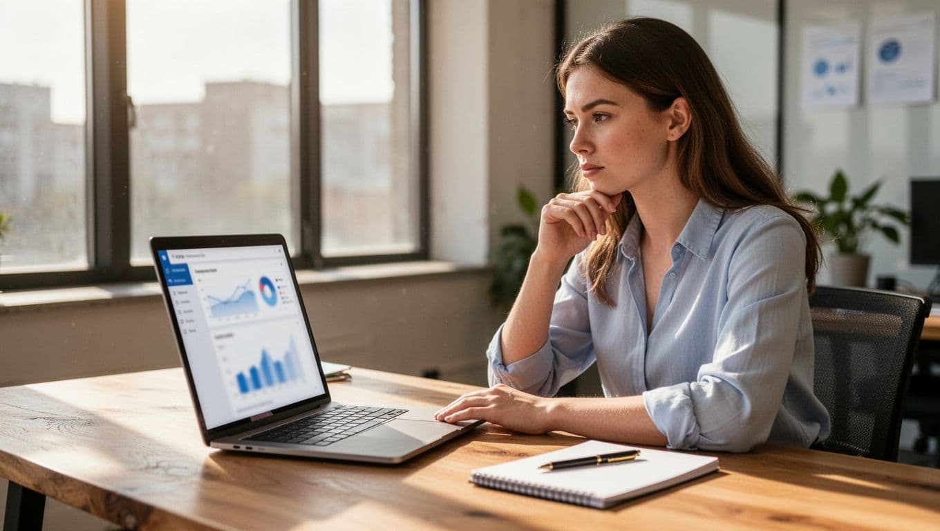 Photo-realistic image of a young marketer woman at a wooden desk in a sunlit office, thoughtfully viewing a blurred analytics dashboard on her laptop screen angled slightly, with notepad and pen nearby in a clean professional setting.