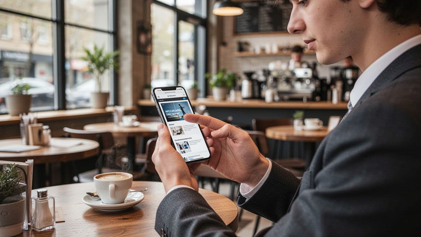A young professional in a busy cafe holds and scrolls on a smartphone, checking a website under natural daylight through windows, in a photo-realistic digital marketing business scene.