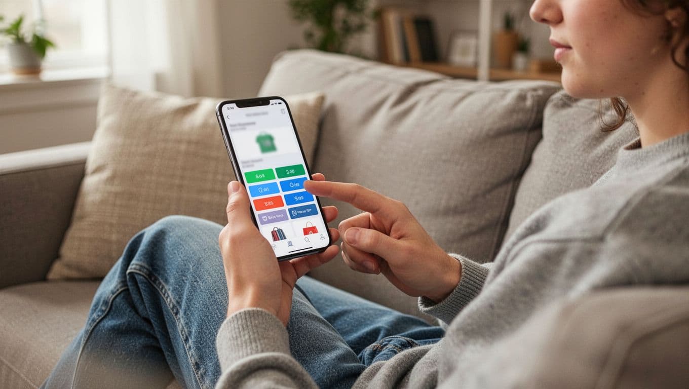 A young adult shopper sits relaxed on a comfortable couch in a living room, holding a smartphone with both hands and thumb on the blurred e-commerce screen. Photo-realistic image with soft indoor natural light, landscape composition, high detail.