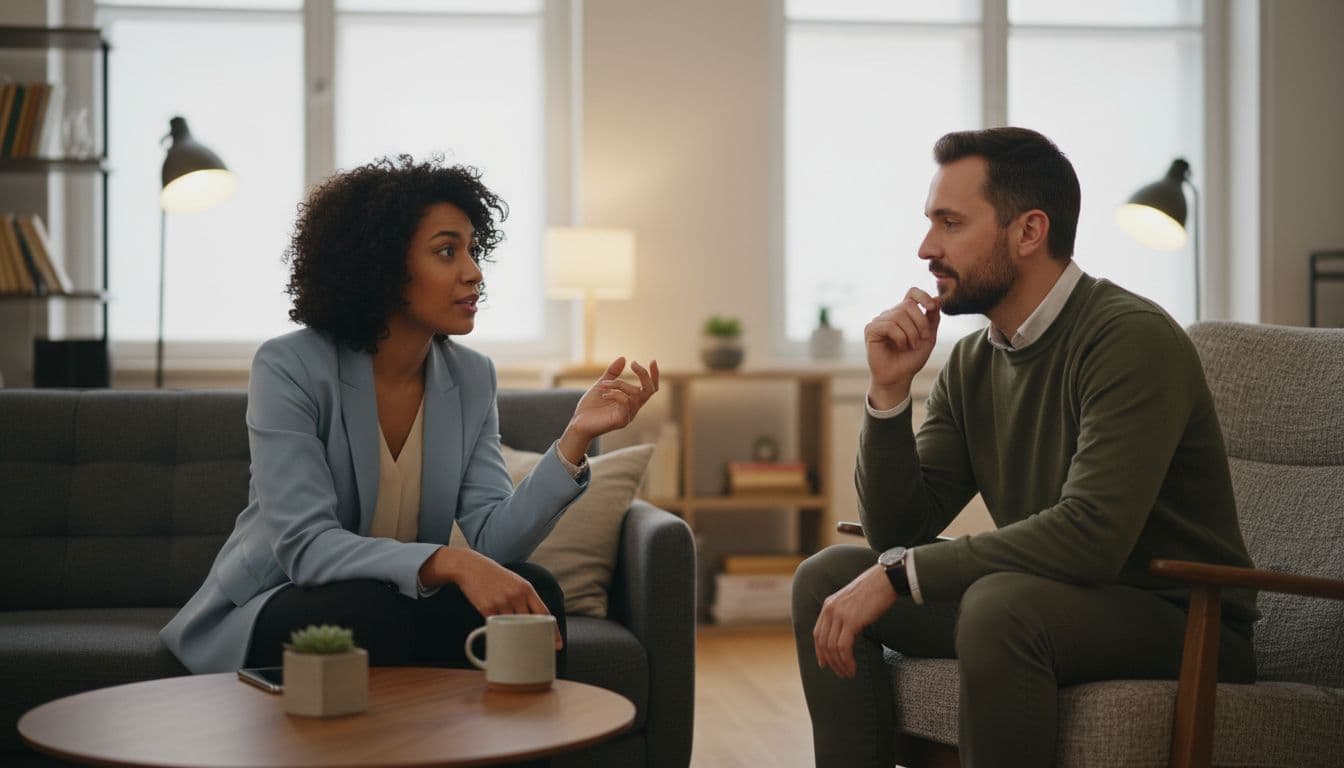 Two professionals in a relaxed office space engage in thoughtful dialogue, one speaking expressively while the other nods attentively, highlighting active listening techniques like reflection in a realistic photographic style.