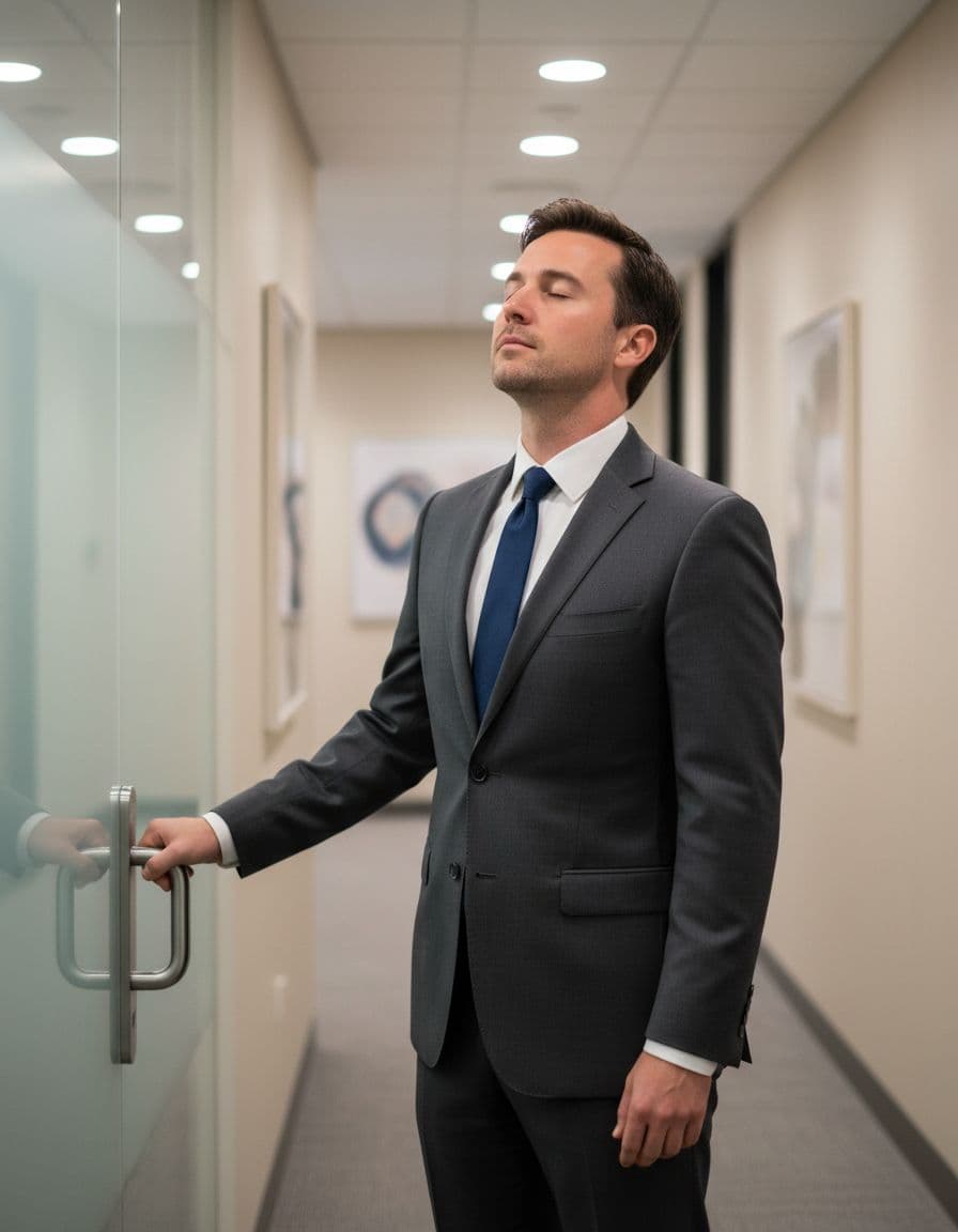 A calm man in business attire pauses to breathe deeply with hand on the meeting room door handle, showing subtle stress softening in a neutral office hallway under soft lighting.