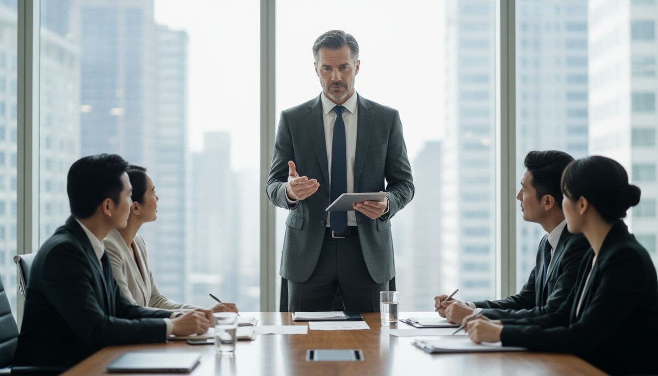 A professional man in his mid-40s stands confidently in a modern office during a crisis meeting, leading the discussion with calm poise as colleagues listen attentively around the conference table.