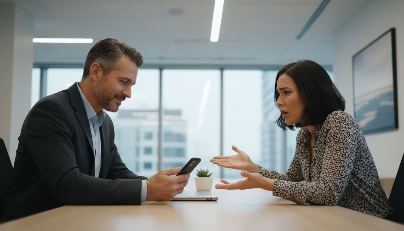 A professional leader at a desk in a contemporary office glances distractedly at a smartphone while a colleague speaks earnestly across from them, showing divided attention and slight frustration.