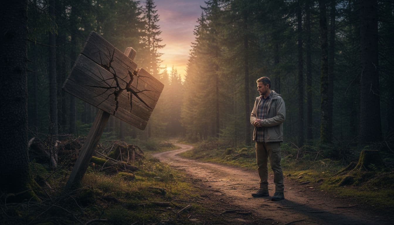 A man in his 40s stands contemplatively before a cracked road sign on a forest path at dusk, metaphorically illustrating ignored warnings in favor of ego-driven lessons.