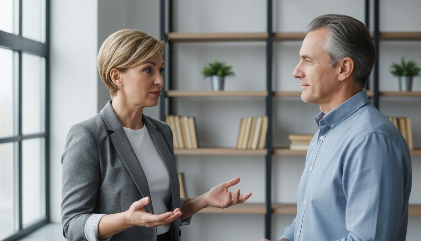 A thoughtful 50-year-old professional woman stands in a modern office, calmly gesturing during a conversation with her male mentor amid natural daylight and a simple bookshelf background.
