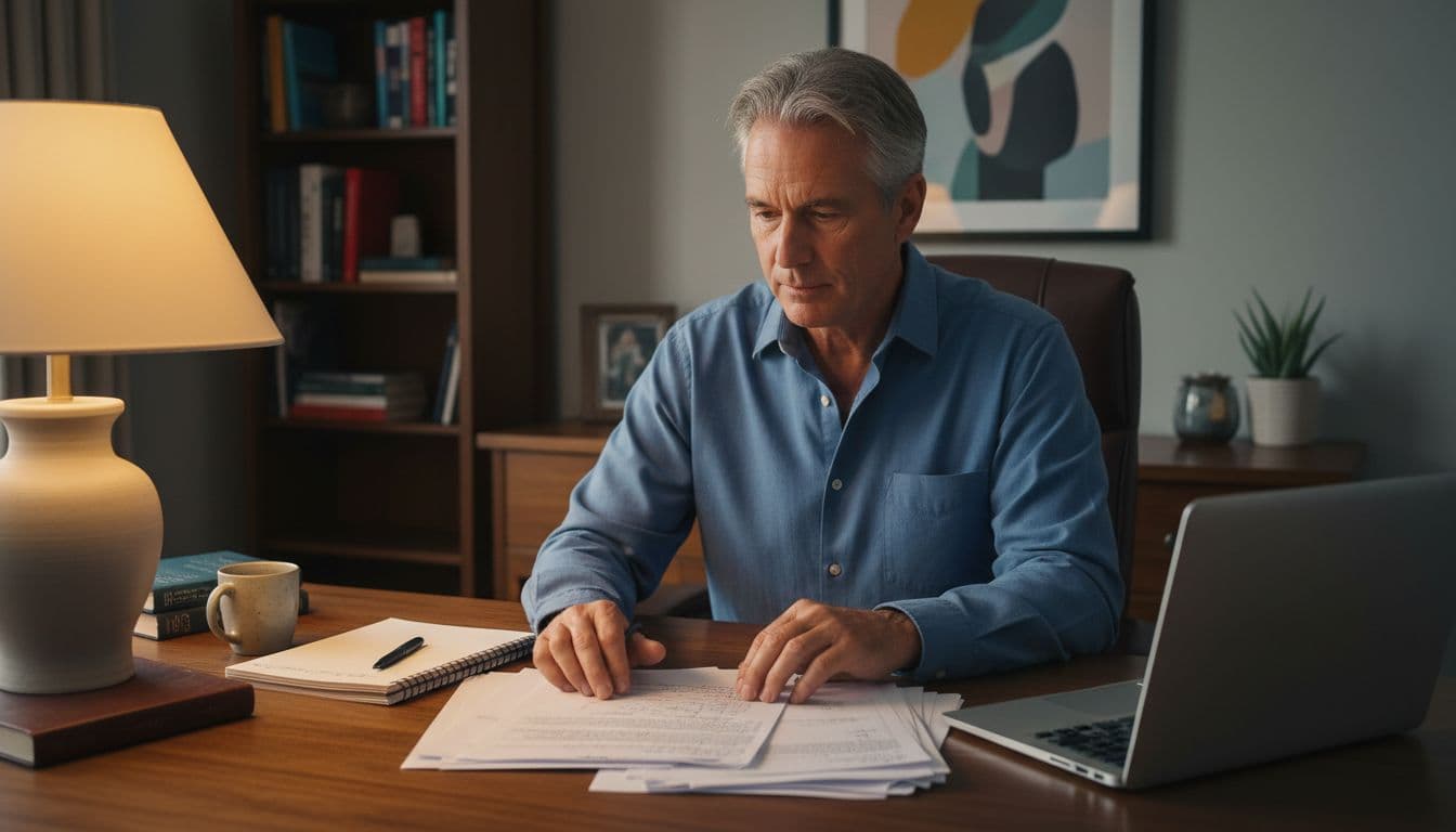 A middle-aged manager reviews printed notes at a desk in a home office beside a closed laptop, in an organized workspace with notebook, pen, and warm lamp lighting, embodying focused preparation for a work meeting.