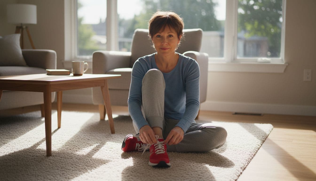 A middle-aged person sits on the floor in a cozy living room, lacing up running shoes before a short walk, with morning light through the window and simple furniture.