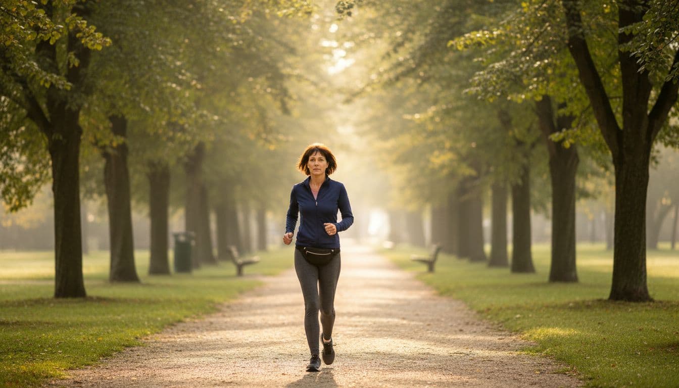 Middle-aged professional walking briskly in a neighborhood park during soft morning light, casual attire, focused expression, trees and path background, realistic photo emphasizing daily health routine.