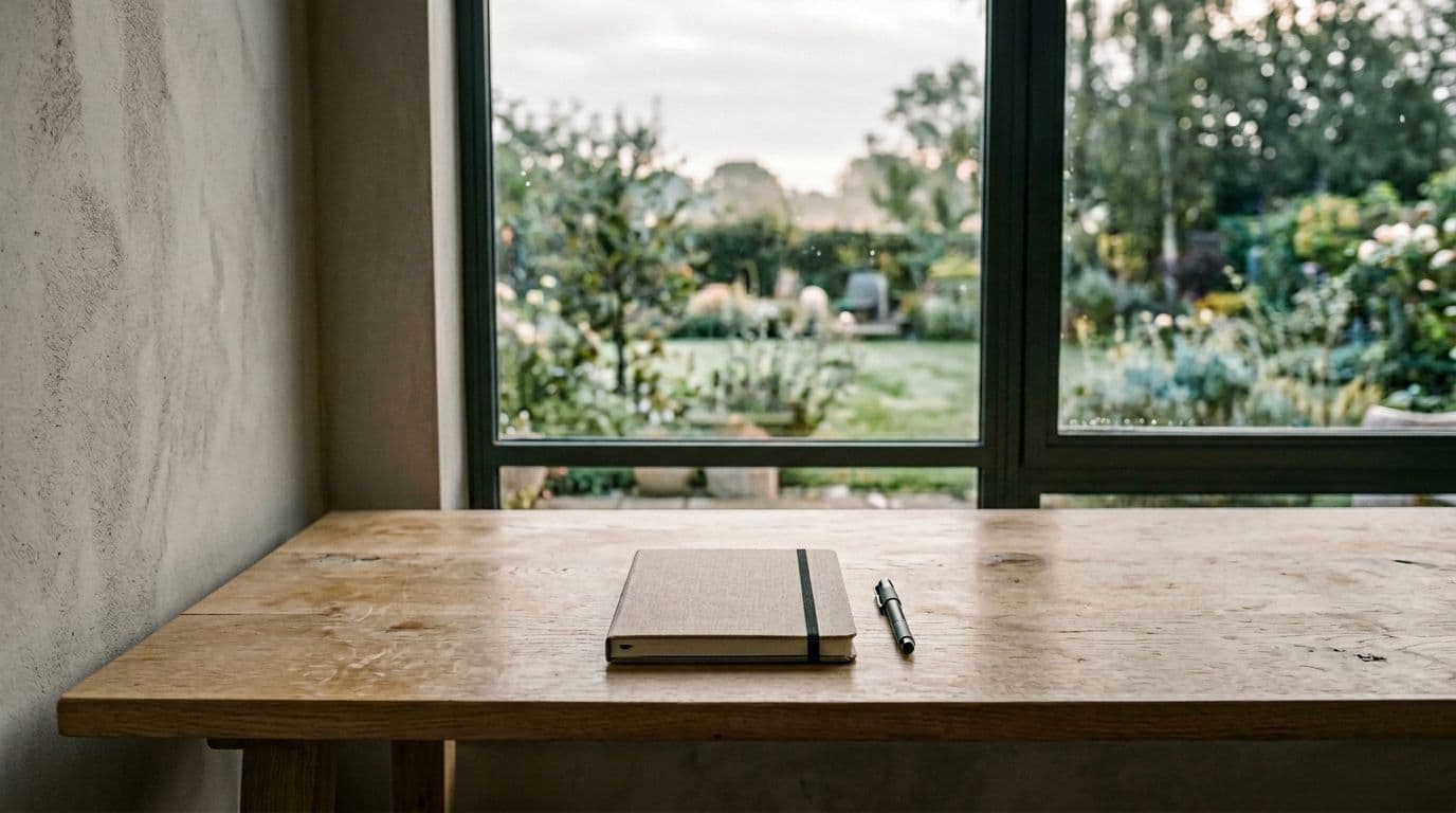Serene, uncluttered wooden desk by a large window at dawn, with soft natural light, one closed notebook, and one pen in muted neutral tones.