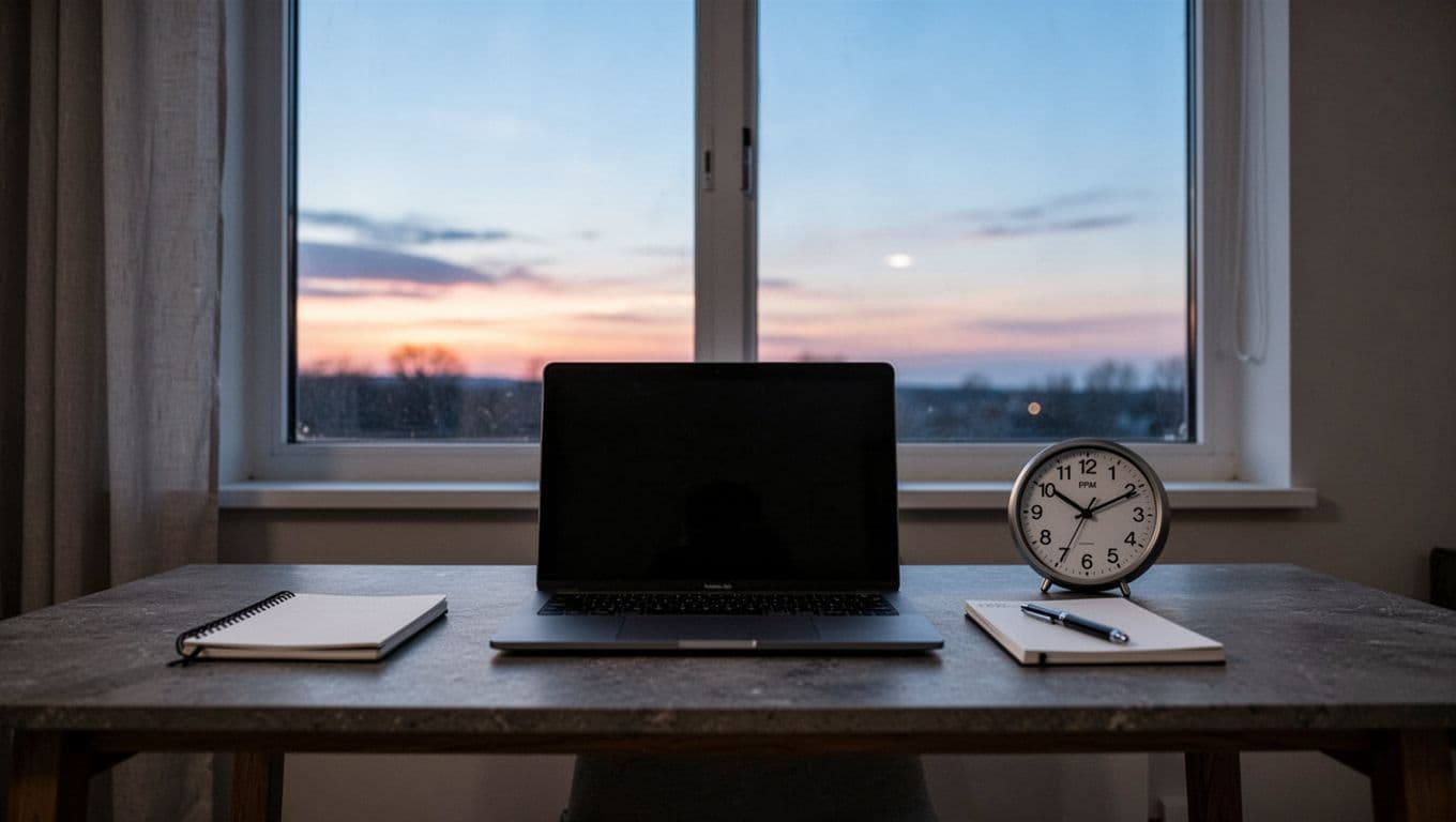 Quiet minimalist home office at dusk with soft natural light from window showing fading blue-orange sky. Closed laptop, 6 PM analog clock, notebook and pen on clutter-free desk in muted neutral tones.