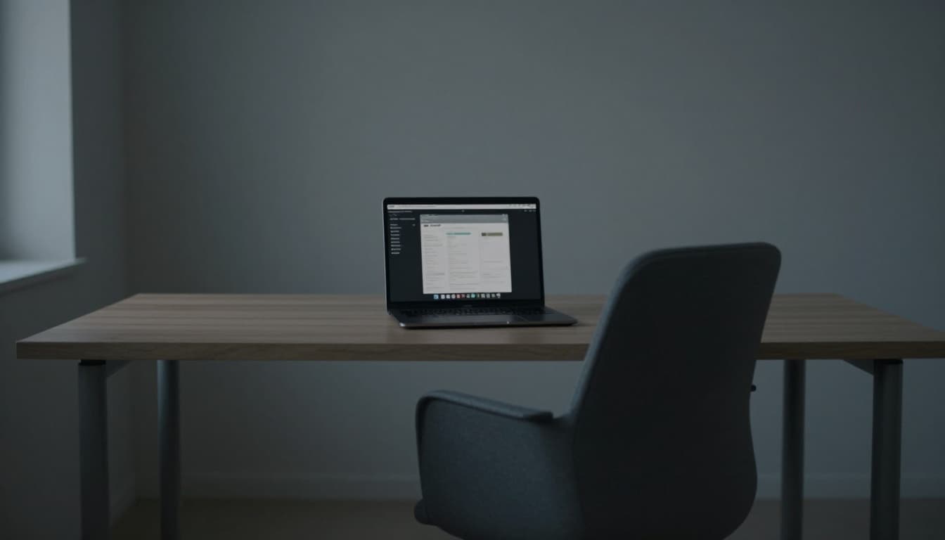 A calm, minimalist editorial photograph of a quiet, empty modern office desk at dusk, with a dimly lit laptop showing a blurred productivity dashboard and a neatly pushed-in chair, illuminated by soft side window light in muted neutral tones.