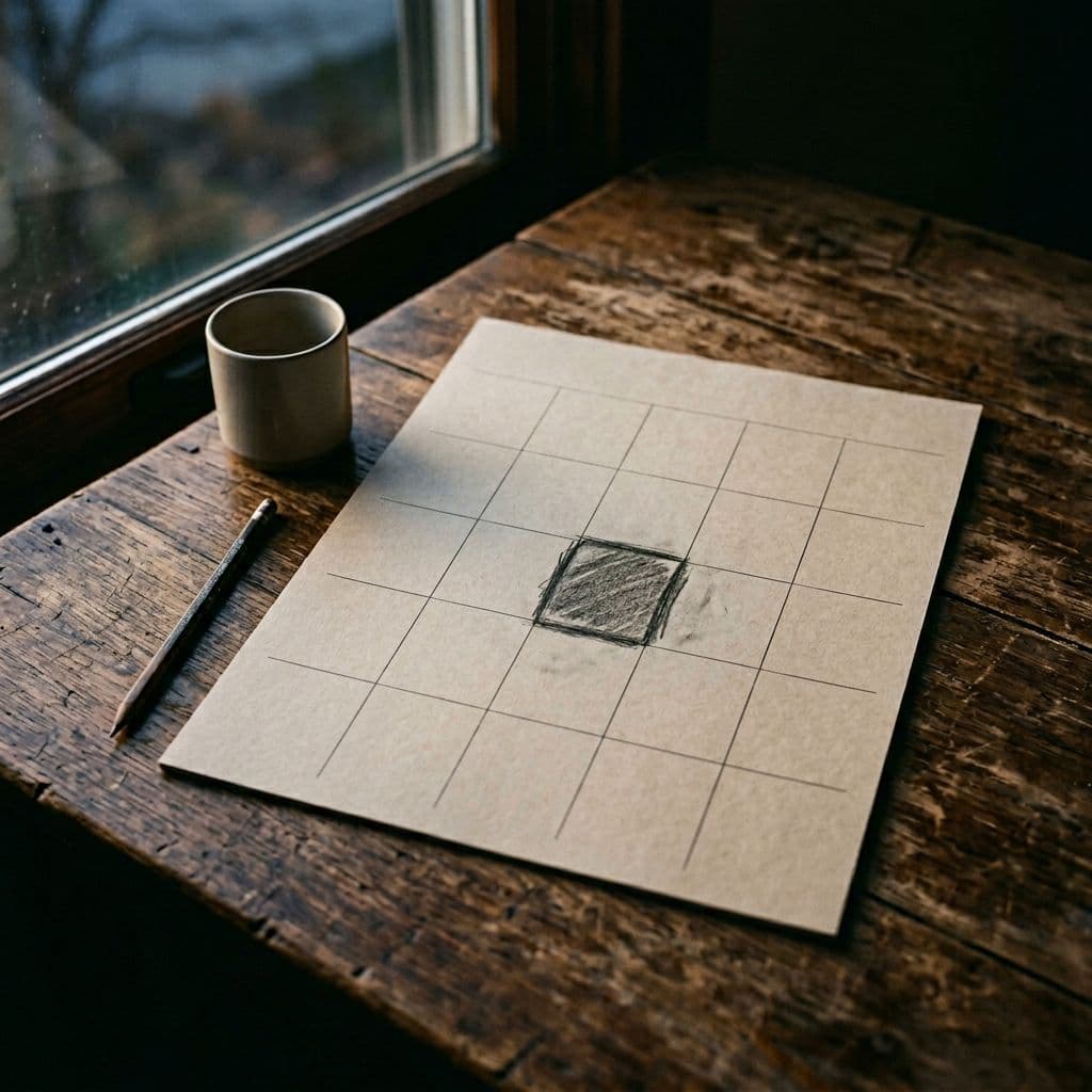 Close-up photographic image of a simple paper calendar on a wooden surface, featuring one large time block softly highlighted in pencil, otherwise empty, illuminated by soft dusk light from a nearby window. Muted neutral tones, high contrast, and dominant negative space evoke structured calm and single focus.