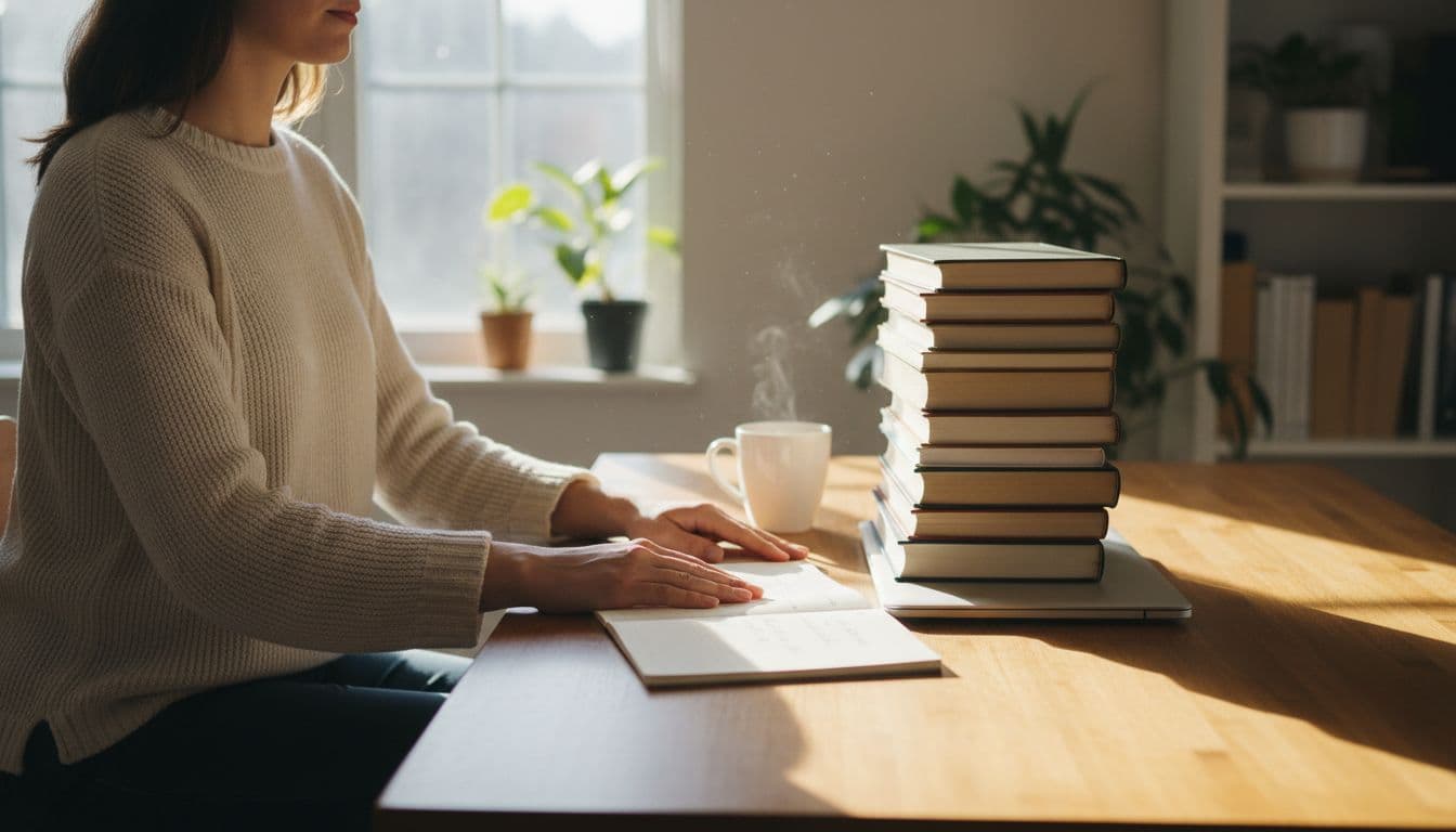 Focused professional woman at her desk in a home office, metaphorically building her skills stack with neatly arranged books, notebook, laptop, and coffee mug under warm morning light, emphasizing daily practice without burnout.
