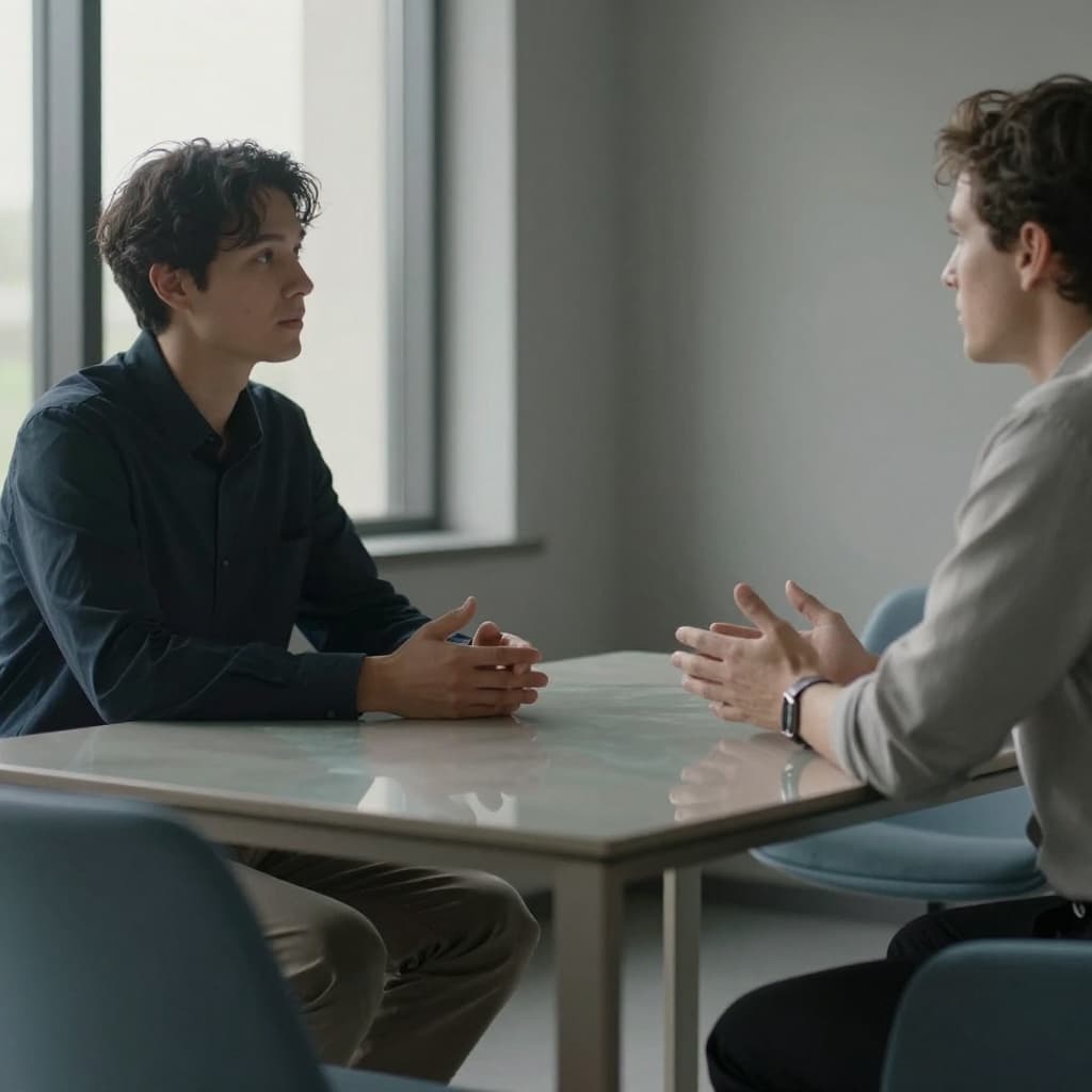 Two professionals in business casual seated at a glass table in a sunlit conference room, gesturing openly in a relaxed discussion evoking trust and justice in leadership.