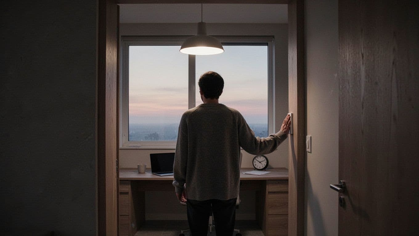 Minimalist calm editorial photograph of a quiet home office interior at dusk, with a solitary figure seen from behind standing in the doorway, hand on light switch about to turn off the overhead light. Desk with closed laptop and clock in background, soft fading sky through window, in muted neutral tones of stone grey and warm wood.