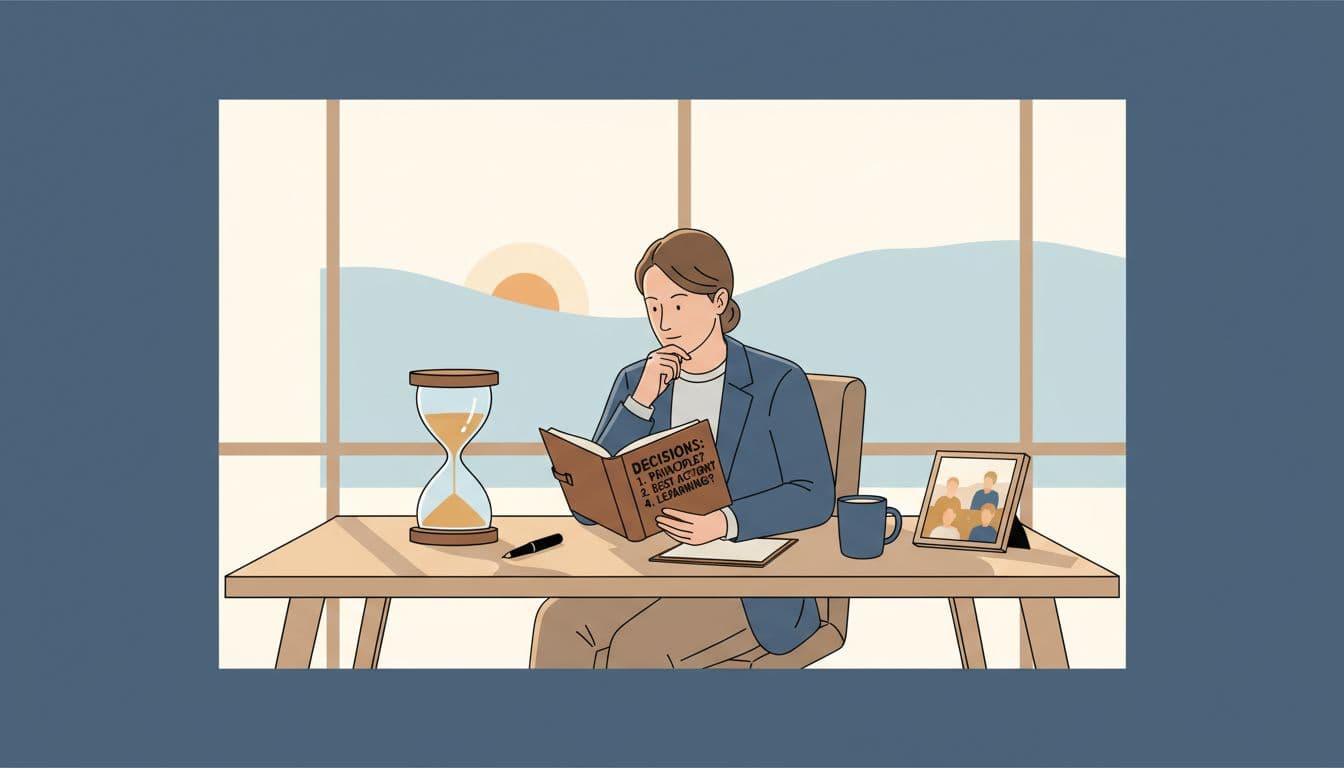 Minimalist editorial illustration of a gender-neutral executive thoughtfully reviewing decision questions in a notebook at a wooden desk in a contemporary office, with an hourglass symbolizing time limits and morning light filtering in.
