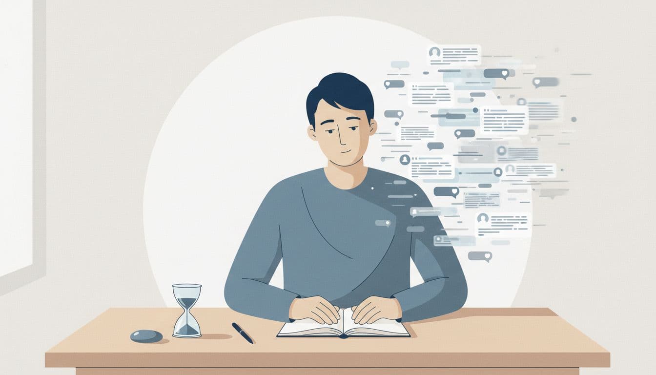 A minimalist editorial illustration featuring a serene modern leader at a desk with an open journal, pen, hourglass, and stone, thoughtfully focused against a blurred rush of social media notifications and headlines, contrasting calm with chaos in clean vector flat design.