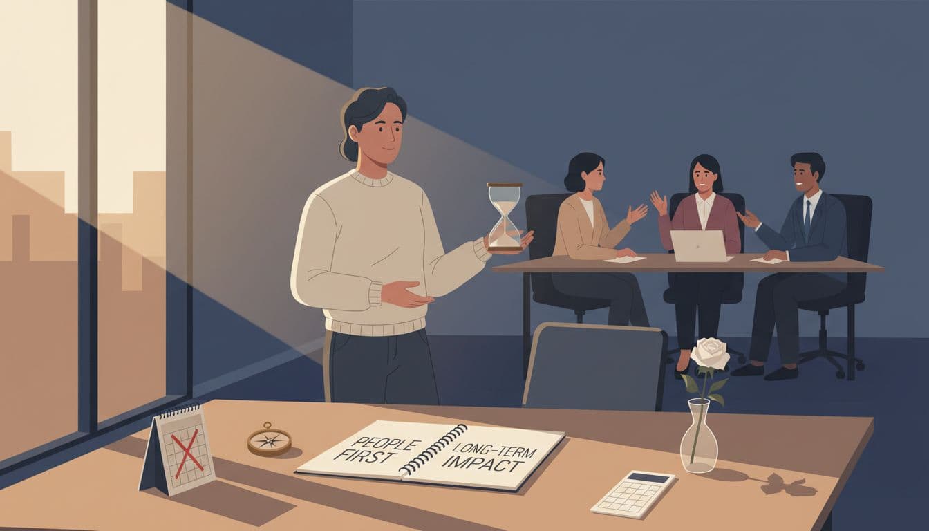 Minimalist editorial illustration of a calm gender-neutral leader holding an hourglass by a desk with 'People First' notebook in a dusk-lit executive office, blurred diverse team in background.