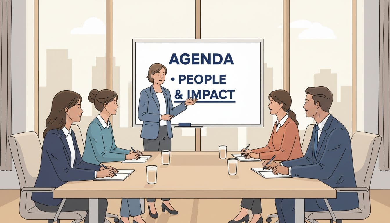 Minimalist editorial illustration depicting a gender-neutral leader presenting 'People & Impact' agenda on a flipchart to a diverse team of professionals in a modern conference room with natural daylight and cityscape view.