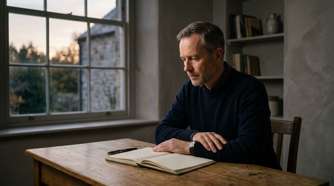 Minimalist photographic image of a middle-aged professional man seated at a simple wooden desk in a quiet room at dusk, hands relaxed on an open notebook, with a focused gaze forward amid muted neutral tones and soft window light.