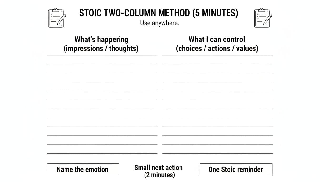 A minimalist black-and-white printable worksheet for managing anxiety spirals using the Stoic two-column method, featuring columns for thoughts and controllable actions, plus footer prompts.