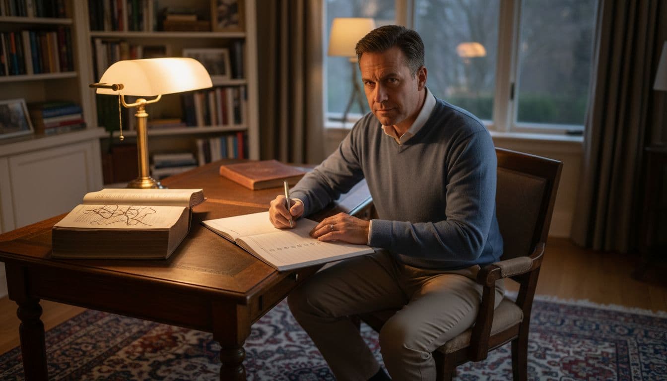 Mid-40s male professional sitting thoughtfully at a desk with an open notebook displaying simple checklist lines and a nearby history book, in a cozy home office with warm lamp light, realistic photography style.