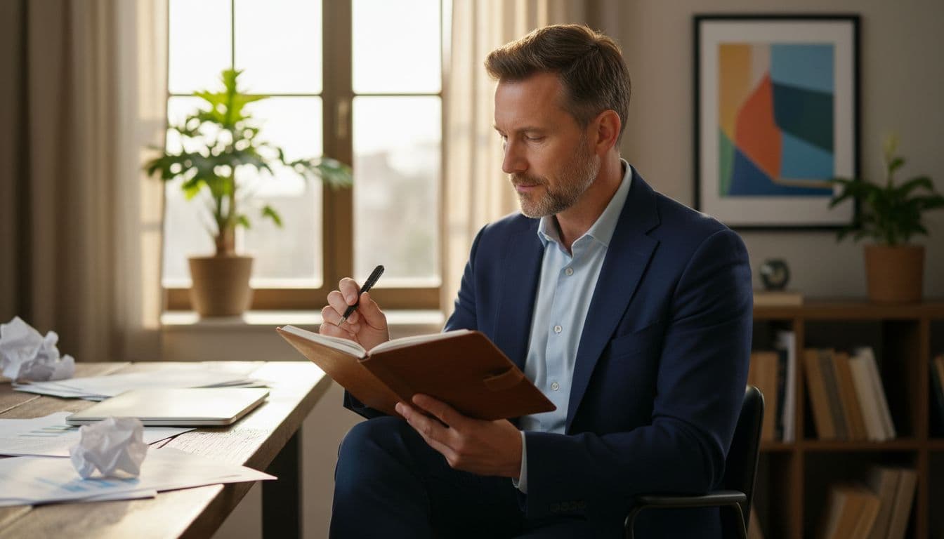A middle-aged man in business casual attire sits relaxed at a wooden desk in a home office, calmly writing in an open notebook with a two-column layout during warm golden afternoon sunlight.