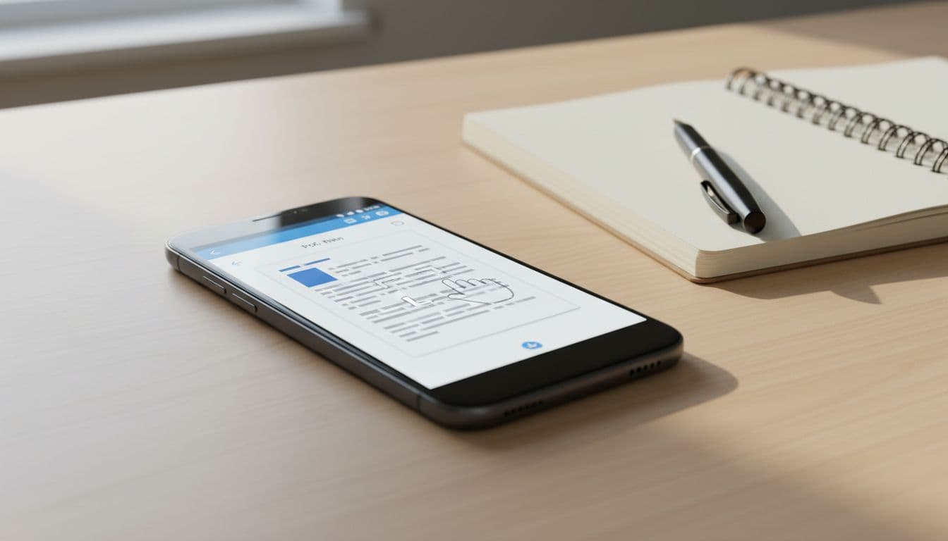 Android smartphone on office desk next to notebook and pen, screen showing open PDF in reader app with zoom gesture.