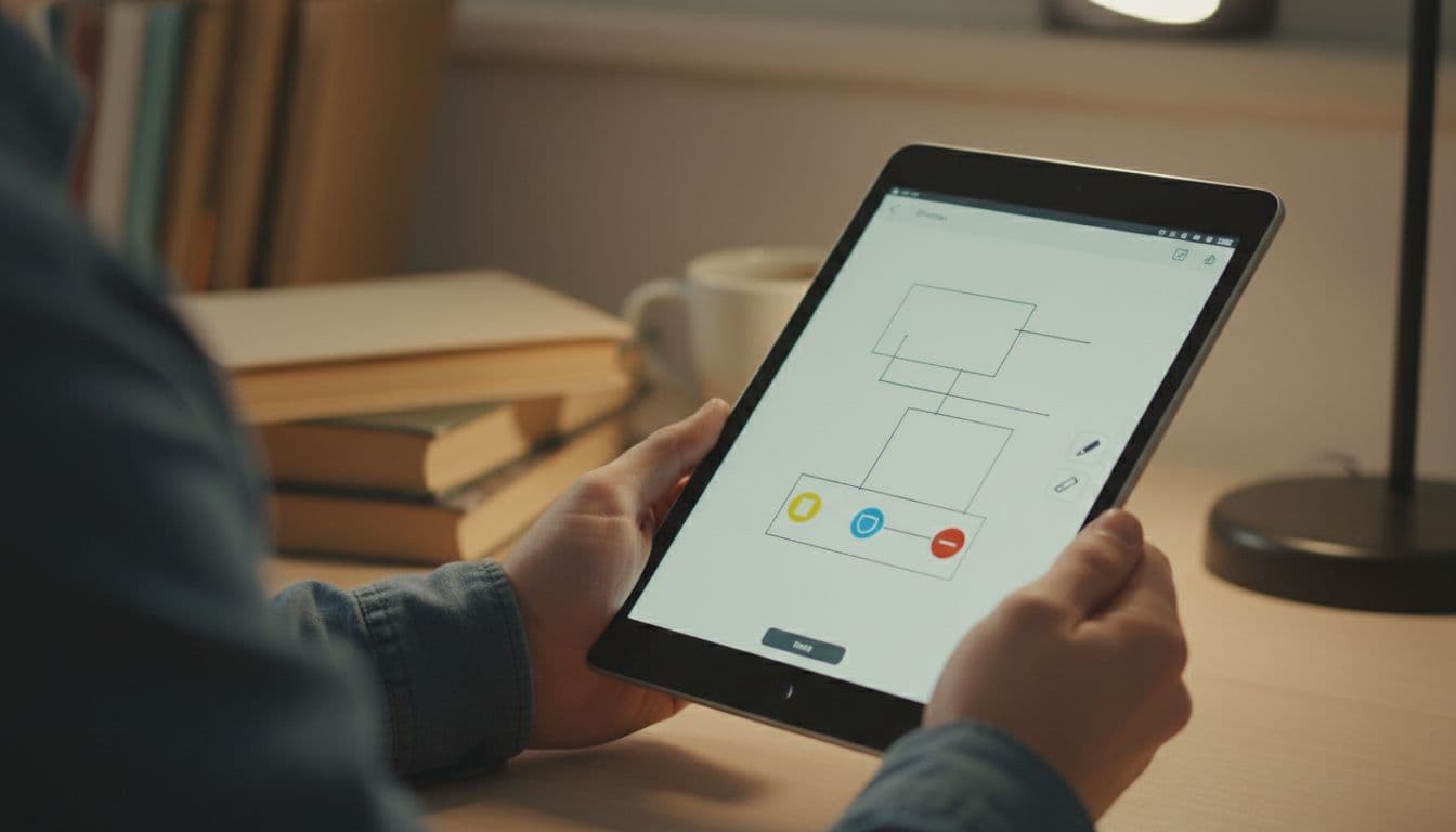 Two hands hold Android tablet at slight angle showing highlight and note icons on PDF, simple workspace background with books.