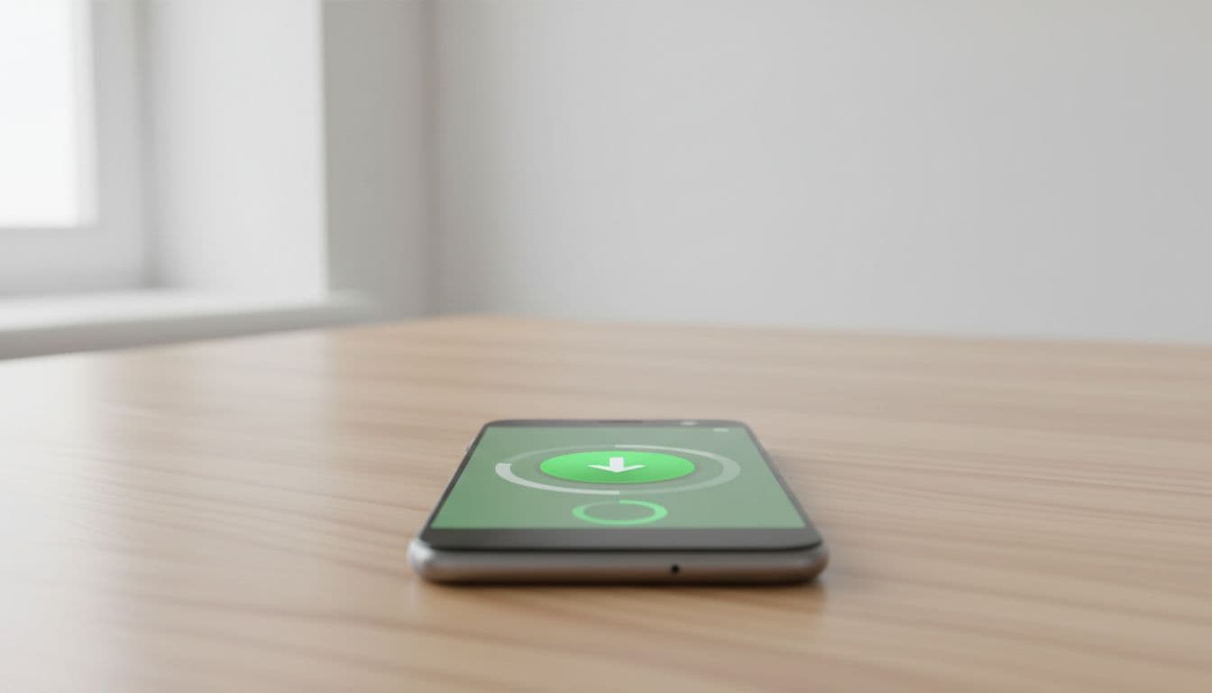 Modern Android phone on wooden table displays green app download button with natural lighting.
