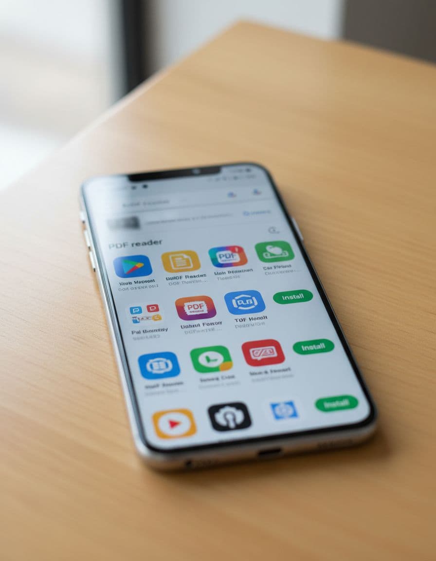 Android phone on table shows Play Store screen searching PDF reader with app icons.