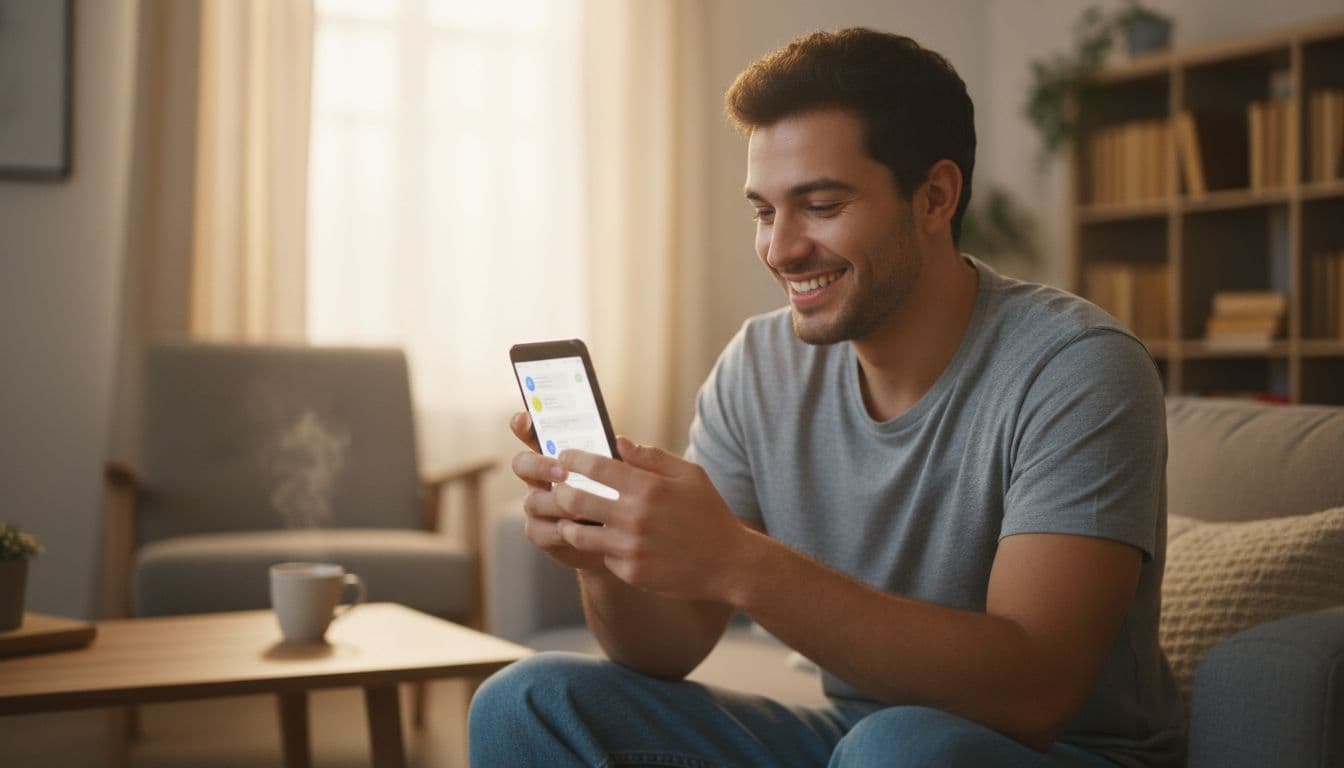 Young man smiles holding Android phone while messaging in cozy room with warm lighting.
