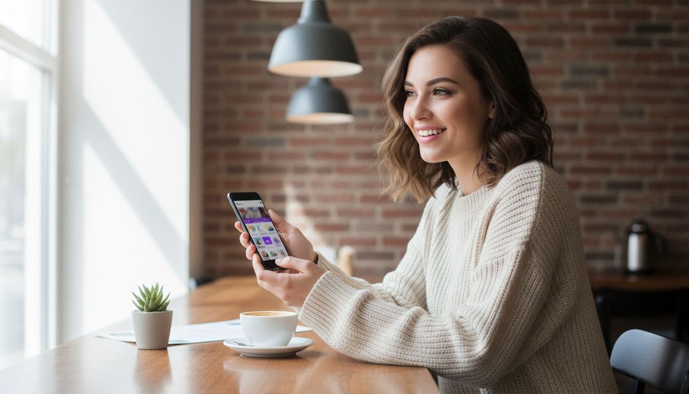 Young woman smiles while using dating app on Android phone in modern cafe.