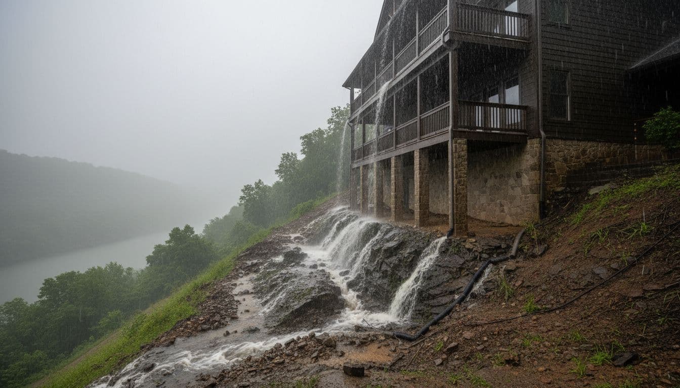 Realistic photograph of a Chattanooga, Tennessee home on a steep hillside slope with water runoff near the foundation during heavy rain, wide landscape view of house exterior, grading, and drainage under overcast lighting.