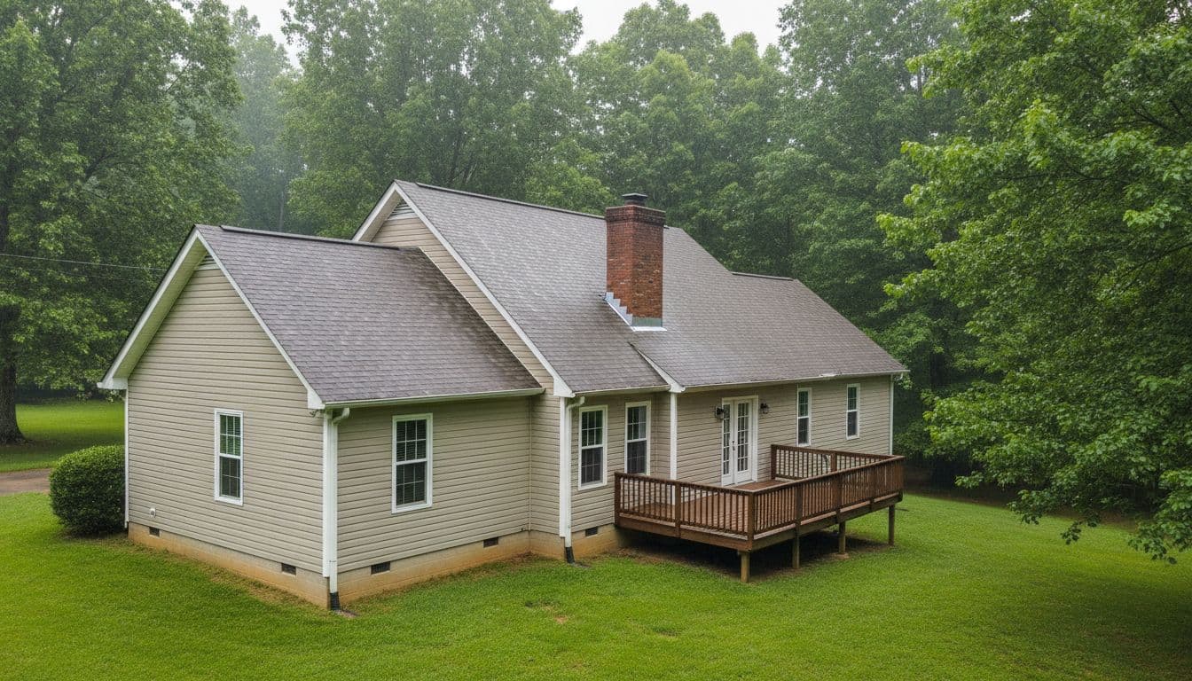 Realistic landscape photograph of a typical single-family home in Chattanooga, Tennessee on a humid summer day with green trees, featuring roof shingles, chimney flashing, gutters, siding, deck, and ground grading away from foundation under natural daylight.