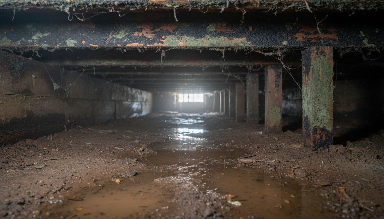 Close-up view inside a residential crawl space showing moisture damage, shallow water puddles on dirt floor, black mold spots and soft rot on wooden floor joists and support beams, dim light filtering from small vent.