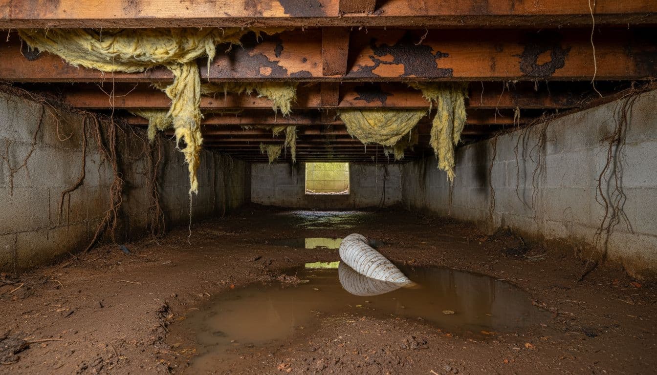 Interior view of a damp crawl space under a Marietta Georgia home, featuring moisture stains on wooden joists, exposed dirt floor with puddles, and hanging poor insulation under dim lighting.