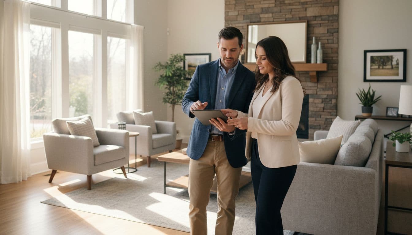 Home inspector in business casual attire discusses findings with a real estate agent over a tablet in a bright living room of a Marietta home, relaxed conversation under natural window light.