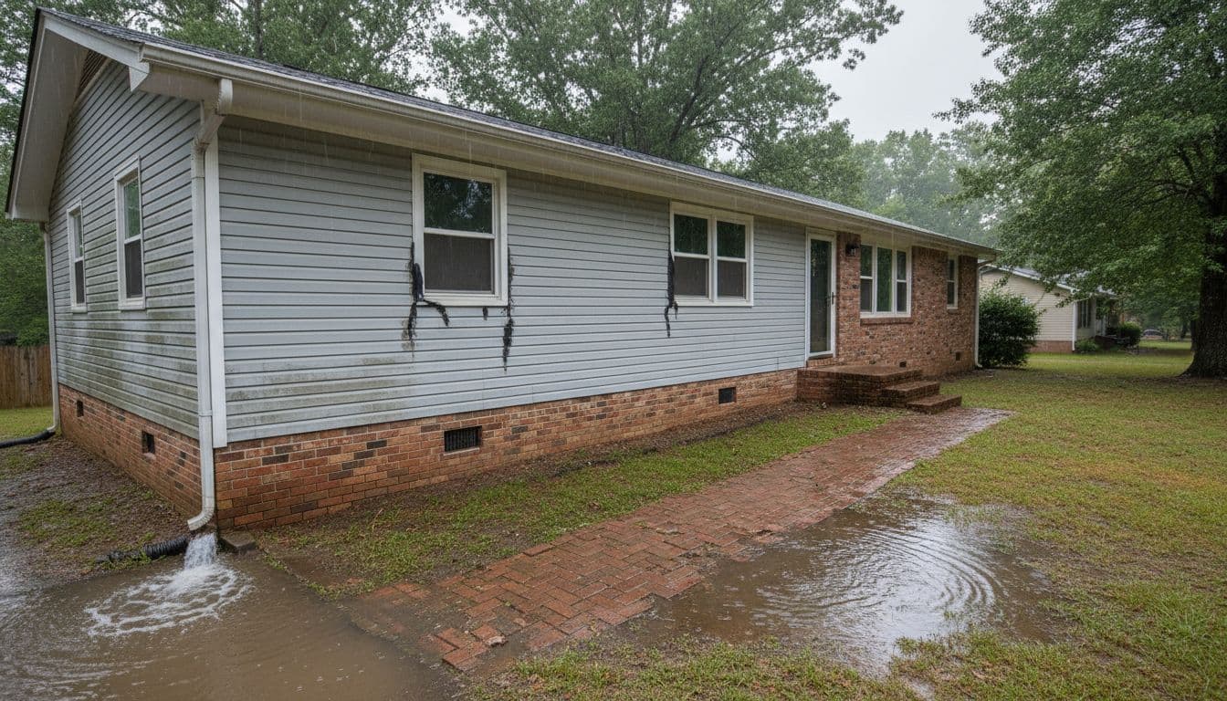Realistic wide landscape photo of a ranch house front yard in Northwest Georgia on a rainy day, featuring subtle issues like buckled siding with stains, cracked uneven brick walkway, poor soil grading directing water to foundation, and puddles near downspout, with glistening wet surfaces.