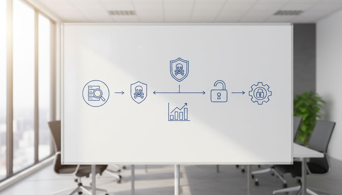 Infographic-style flowchart on a whiteboard in a bright conference room showing the cyber risk assessment process with simple line icons for identifying assets, assessing threats, evaluating vulnerabilities, prioritizing risks, and recommending controls.